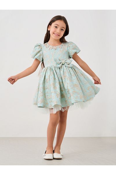 Styli Jacquard Puff Sleeve Round Neck Pleated Dress