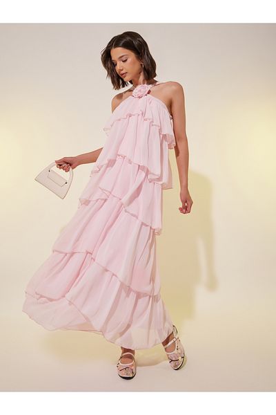 Styli Women Pink Solid Halter Neck Tiered Maxi Dress with Corsage Detail