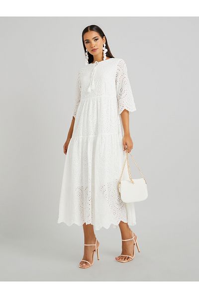 Keenly By Styli Schiffli Embroidered Tie-Up Neck A-Line Midi Dress