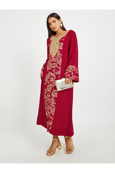 Keenly By Styli Embroidered Lace Detail Foil Print A-Line Jalabyia