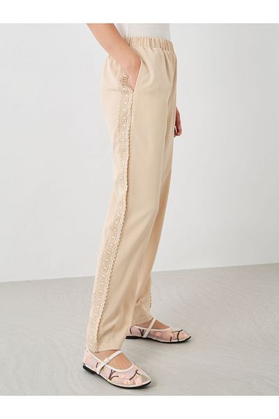 Styli Beige Side Lace Detail Wide Leg Pants