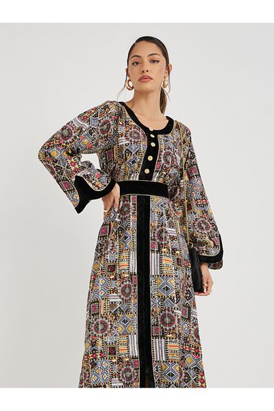 Maxim Creation By Styli Haute Couture Abstract Print Jalabiya with Back Tie Detail