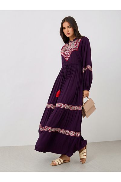Maxim Creation By Styli Embroidered A-Line Jalabiya with Ruched Waist Detail