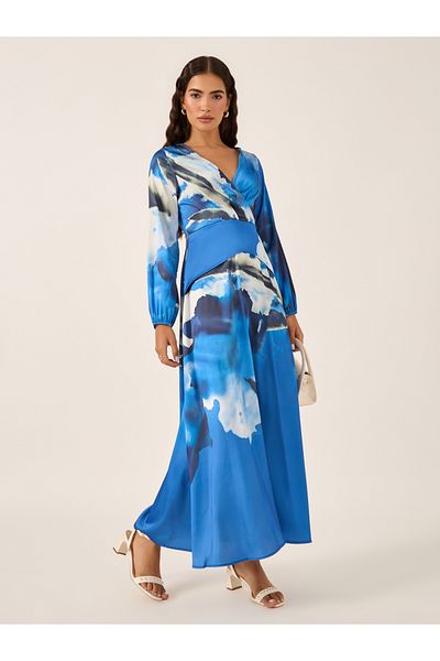Styli Abstract Print Cuffed Sleeves A-Line Maxi Dress
