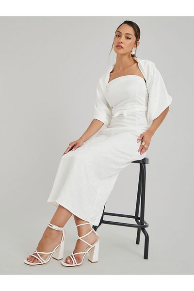 Styli Jacquard Bardot Neck Sheath Maxi Dress with Cape Overlay
