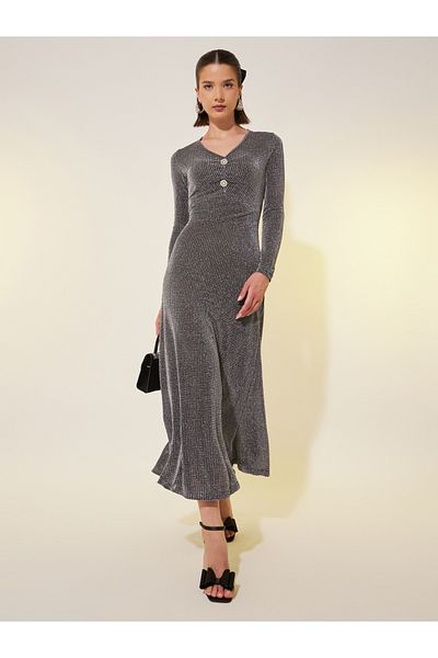 Styli Texture Embellished V-Neck Midi Dress
