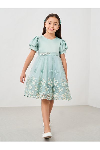 Styli Lace Hem Puff Sleeve Embellished Belt Dress