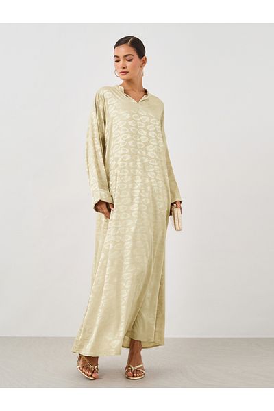 Styli Satin Jacquard Stand Collar A-Line Jalabiya