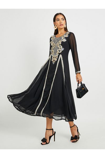 Keenly By Styli Embroidered Lace Detail Round Neck A-Line Jalabiya
