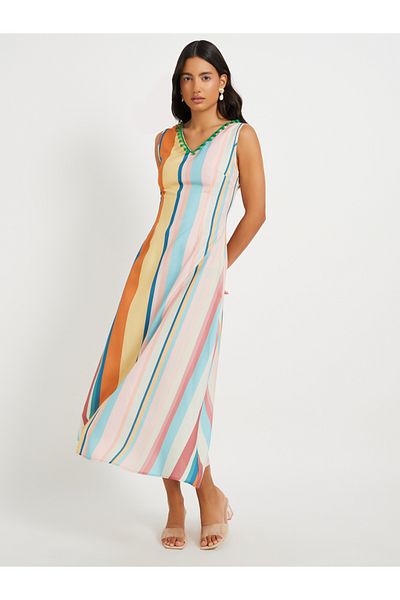 Styli Striped V-Neck Sleeveless A-Line Midi Dress
