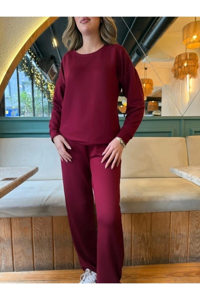 trend_ermege Women's Long Sleeve Crew Neck Viscose Two Thread Blouse and Pants Double Suit