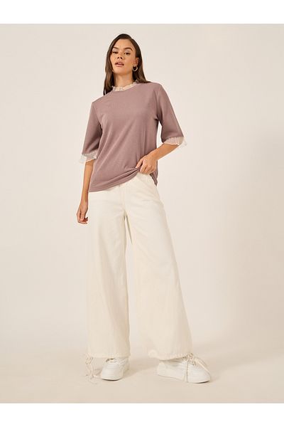 Styli Ribbed Lace Detail Elbow Sleeve Relaxed Fit T-Shirt