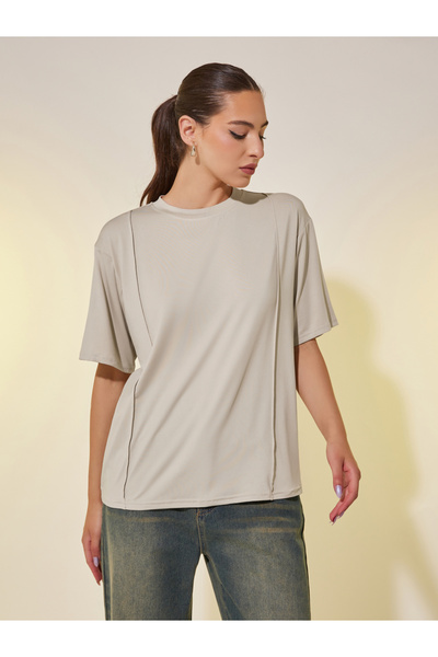 Styli Plain Round Neck Oversized T-Shirt with Pintuck