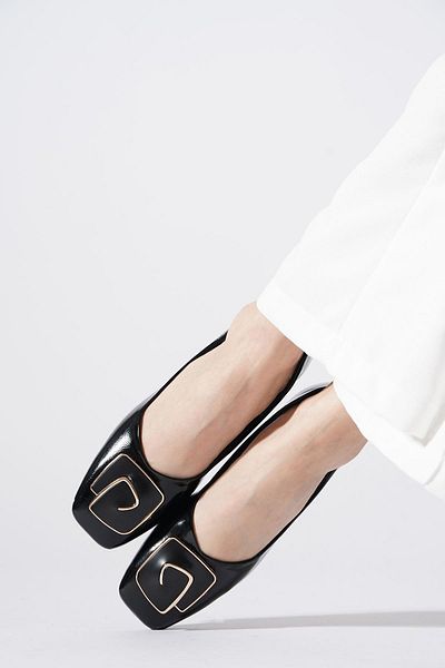 Moda Pie Sopri Wrap Buckle Blunt Toe Women's Ballerinas Black Wrinkled