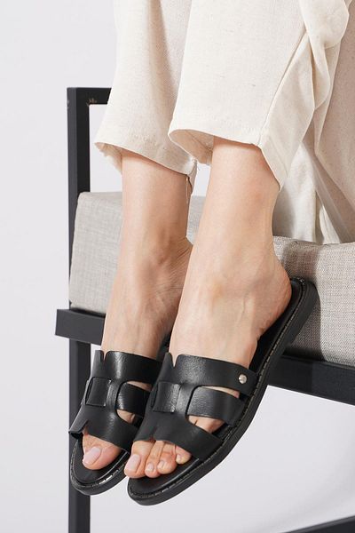 Moda Pie Nervas Slip-On Strap Pin Γυναικείες παντόφλες από γνήσιο δέρμα Μαύρο δέρμα