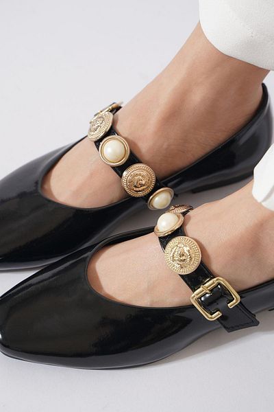 Moda Pie Dermet Women's Ballerina Ballerina Black Patent Leather with Coin Scarf