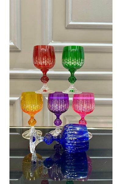 Vakıf home Bohemia Crystal Footed Colorful Cutting Handcrafted Coffee Side Water Glass