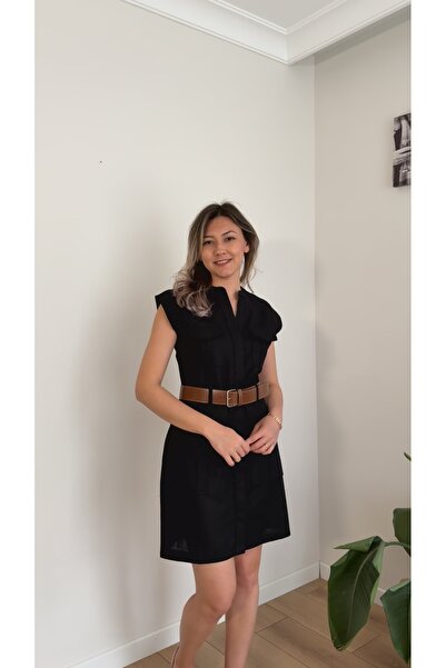 TUSİVA STORE Kemerli Keten Safari Elbise