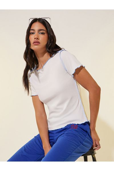 Styli Ruffled Trim Textured Round Neck T-Shirt