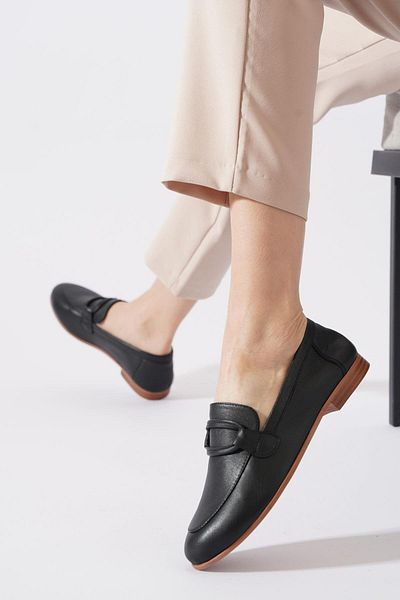 Moda Pie Ardi Wrap Belted Genuine Leather Women's Ballerinas Black Skin