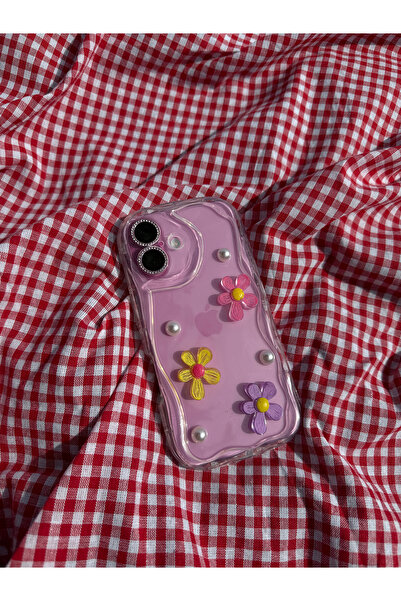 MustCase Iphone 16 Plus Kılıf Dalga Kenarlı Darbeye Karşı Dayanıklı İncili Çiçek Tasarımlı Şeffaf Kılıf