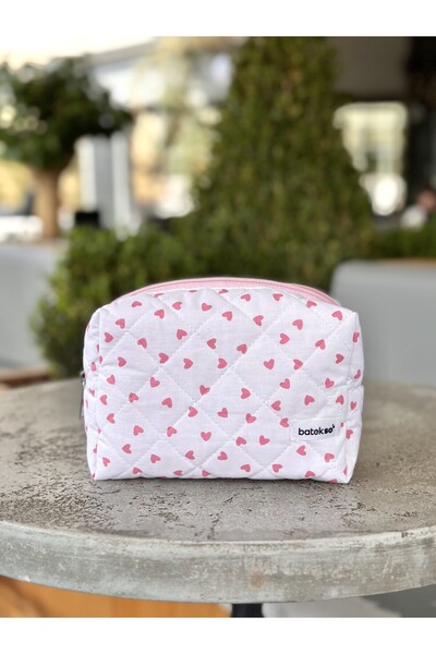 Batekso Pink Heart Patterned Makeup Bag - Large Size
