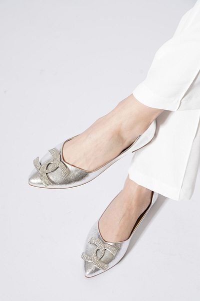 Moda Pie Warko Moon Stone Stoned Women's Ballerina Ballerina Silver Wrinkled