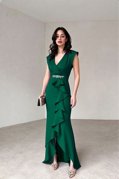 ALFUDO Moda Collection Women's Scuba Crepe Fabric Double Breasted Collar Skirt Flounced Belt T-Shirt Green Evening Dress Graduation Wedding Dress