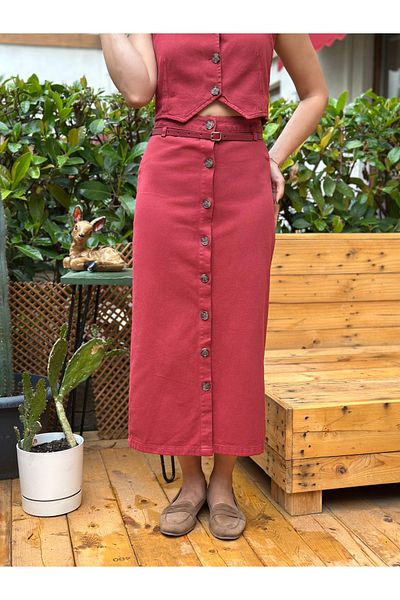 nidistore Women's Denim Fabric Buttoned Midi Skirt with Belt Detail