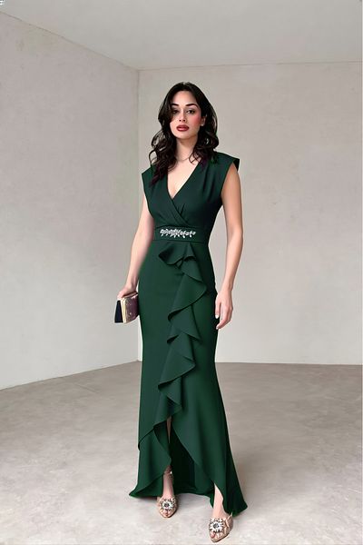 ALFUDO Moda Collection Women's Scuba Crepe Fabric Double Breasted Collar Skirt Flounced Belt T-Shirt Emerald Evening Dress Graduation Wedding Dress