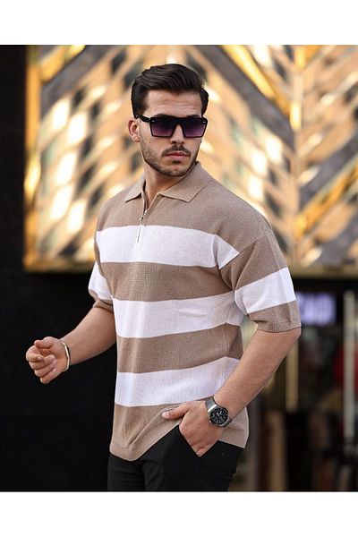 viperkombin Μπλουζάκι πόλο με ριγέ φερμουάρ Oversize Βαμβακερό φαρδύ κόψιμο