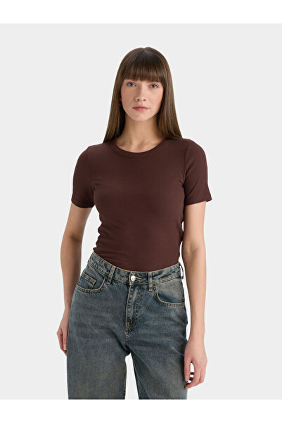 DeFacto Women Brown Ribbed Short Sleeve TShirt