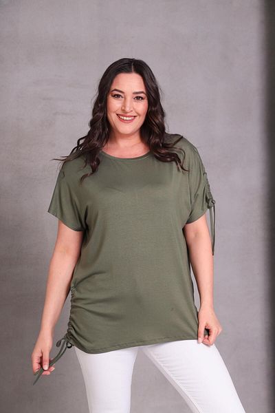 Ebsumu Women's Large Size Rope Tie Khaki T-Shirt