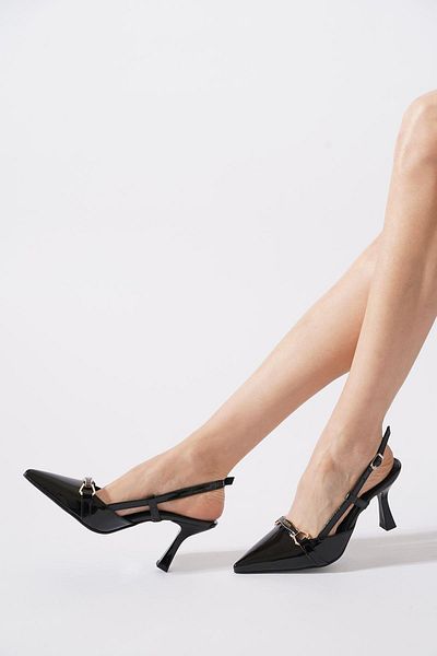 Moda Pie Lenta Ninn Buckle Back Open Women's Heeled Shoes Black Patent Leather