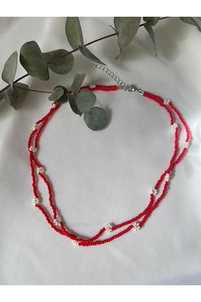 sabiha aksesuar Sand Beads Two Rows Flower Necklace