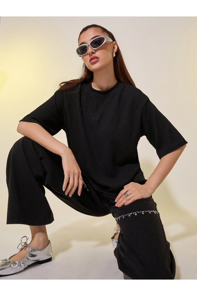 Styli تي شيرت كبير الحجم برقبة دائرية ومزخرف