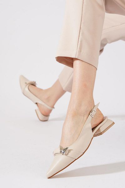 Moda Pie Kelbas Back Open Butterfly Buckle Women's Ballerina Beige Skin