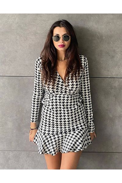 Silerra Women's Long Sleeve Double Breasted Collar Houndstooth Micro Mini Length Dress