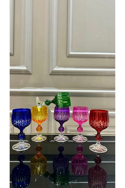 Vakıf home Bohemia Crystal Footed Colorful Cutting Handcrafted Coffee Side Water Glass
