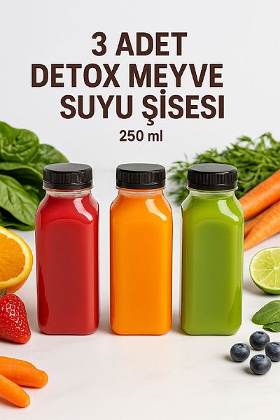 Open Home Concept 3Pcs 250ml Smoothie Detox Bottle Clear Plastic Leakproof Lid Cornered Juice Bottle