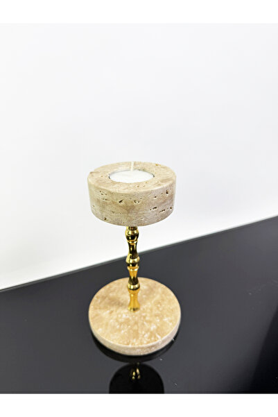 ModestConcept Traverten Mumluk, Traverten Şamdan, Traverten Gold Detaylı Şamdan