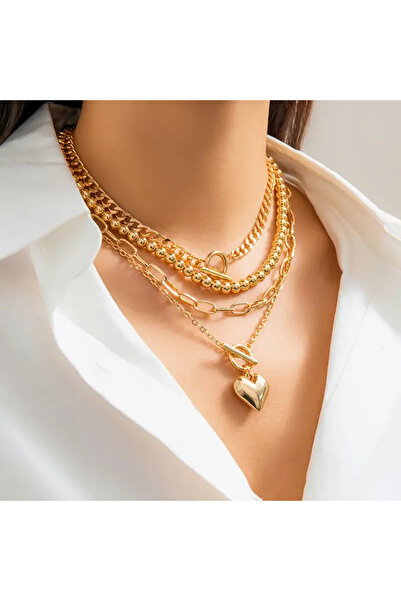 Girift Vintage Clam 4 Adet Gold Kalp Detaylı Zincir Kolye Seti
