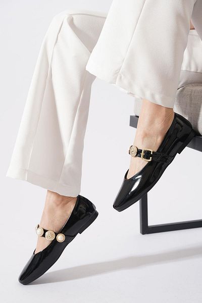 Moda Pie Dermet Women's Ballerina Ballerina Black Patent Leather with Coin Scarf