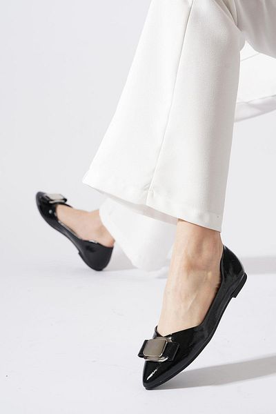 Moda Pie Polteh Metal Buckle Women's Ballerinas Black Wrinkled