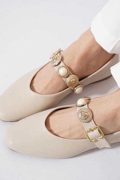Moda Pie Dermet Women's Babet Beige Skin with Coin Scarf