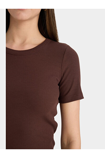 DeFacto Women Brown Ribbed Short Sleeve TShirt