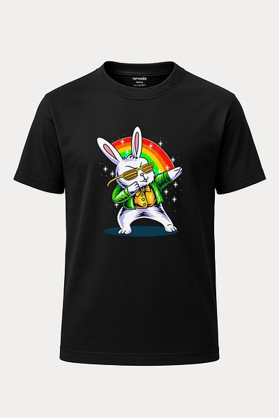 nirvoda Tricou negru unisex - imprimat cu iepure de Paște, decolteu, loose fit