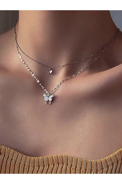 Take Two By Styli Rhinestone Butterfly Layered Necklace