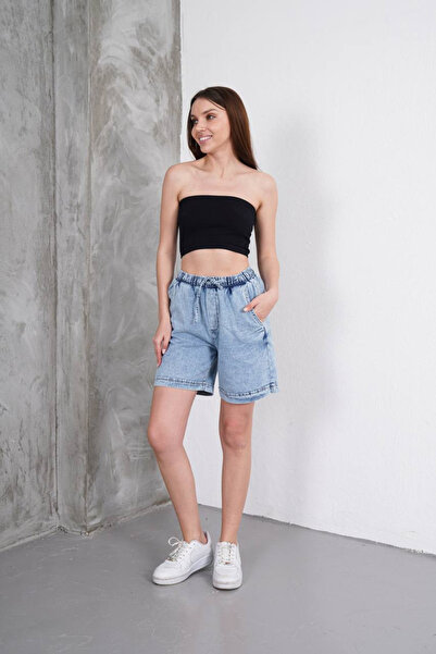 Plenty Women's High Waist Elastic Denim Shorts - Light Blue