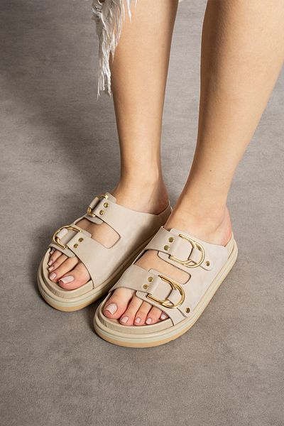 walviss Osso Women's Genuine Leather Double Buckle Ecru Slippers